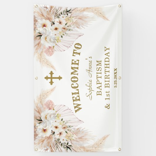 白い花1歳の誕生日バプテスマ歓迎サイン 横断幕 (縦)