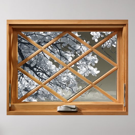 白い花(さくらんぼフェイクの花)、フェイク、窓 ポスター (正面)