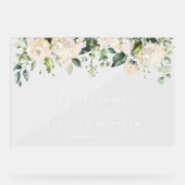 白い花、クリーム色の花結婚の歓迎 アクリルサイン (正面)