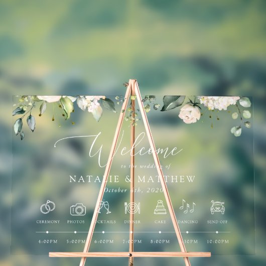 白い花、クリーム色の花結婚、のタイムライン アクリルサイン (ニュートラル)