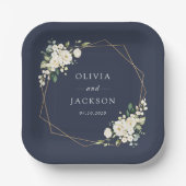 白い花、クリーム色の花、グリーン、結婚式 ペーパープレート (正面)