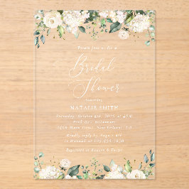 白い花，クリーム色の花，ボホ，ブライダルシャワー アクリル招待状