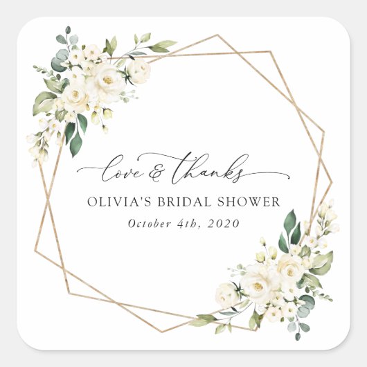 白い花,クリーム色の花,ボホ,ブライダルシャワー スクエアシール (正面)