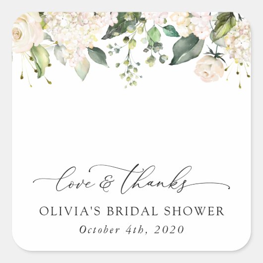 白い花，クリーム色の花，ボホ，ブライダルシャワー スクエアシール (正面)
