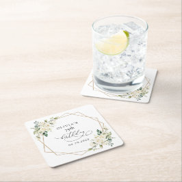 白い花,クリーム色の花,ボホ,誕生日 スクエアペーパーコースター