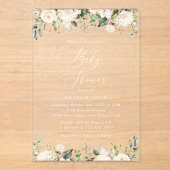 白い花，クリーム色の花，ボホ，赤ちゃんシャワー アクリル招待状 (正面)