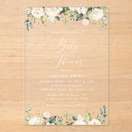 白い花，クリーム色の花，ボホ，赤ちゃんシャワー アクリル招待状