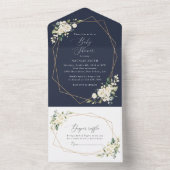 白い花，クリーム色の花，ボホ，赤ちゃんシャワー オールインワン招待状 (内側)