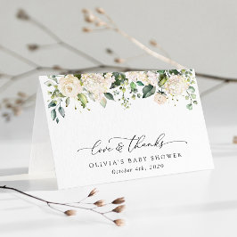 白い花，クリーム色の花，ボホ，赤ちゃんシャワー サンキューカード