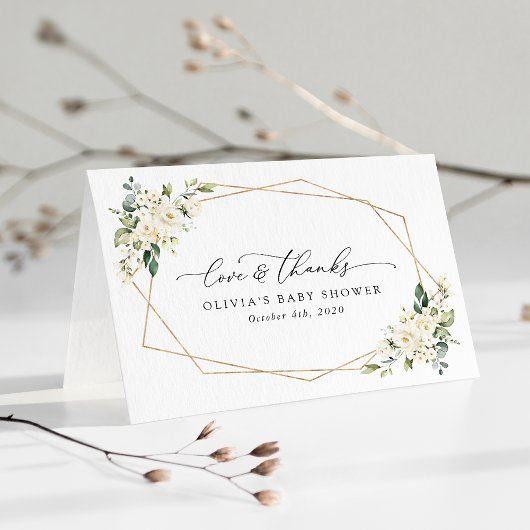 白い花，クリーム色の花，ボホ，赤ちゃんシャワー サンキューカード