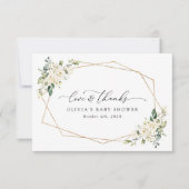 白い花，クリーム色の花，ボホ，赤ちゃんシャワー サンキューカード (正面)