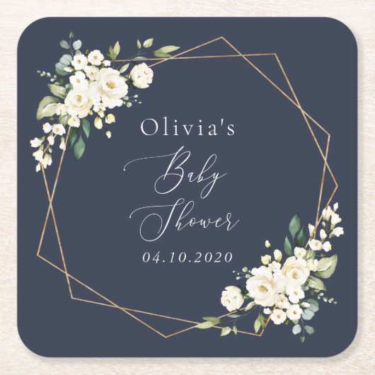 白い花,クリーム色の花,ボホ,赤ちゃんシャワー スクエアペーパーコースター (正面)