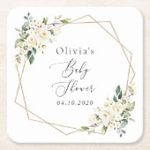 白い花,クリーム色の花,ボホ,赤ちゃんシャワー スクエアペーパーコースター (正面)