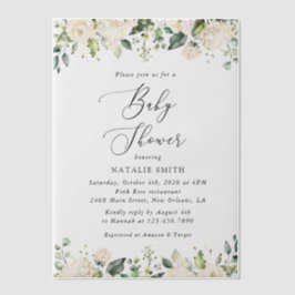 白い花，クリーム色の花，ボホ，赤ちゃんシャワー ベラム紙招待状