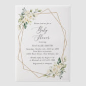 白い花，クリーム色の花，ボホ，赤ちゃんシャワー ベラム紙招待状 (正面)