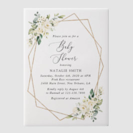 白い花，クリーム色の花，ボホ，赤ちゃんシャワー ベラム紙招待状