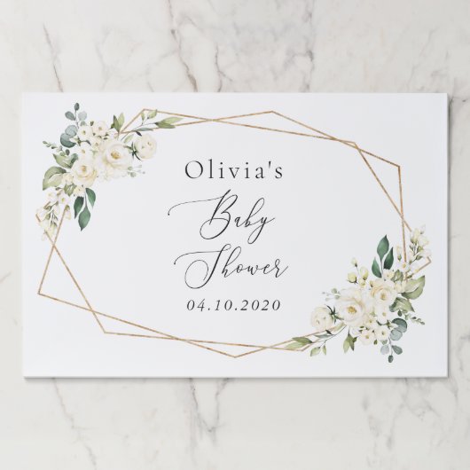 白い花，クリーム色の花，ボホ，赤ちゃんシャワー ペーパーパッド (正面)