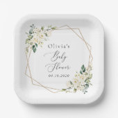 白い花,クリーム色の花,ボホ,赤ちゃんシャワー ペーパープレート (正面)