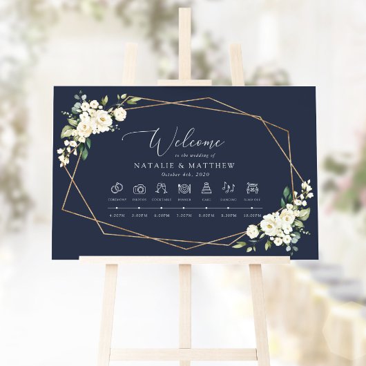 白い花、クリーム色の花、結婚式のタイムライン ポスター