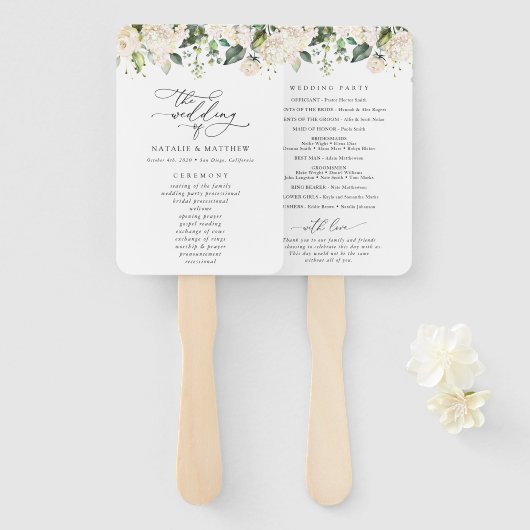 白い花，クリーム色の花，結婚式 プログラム ハンドファン (正面&裏面)