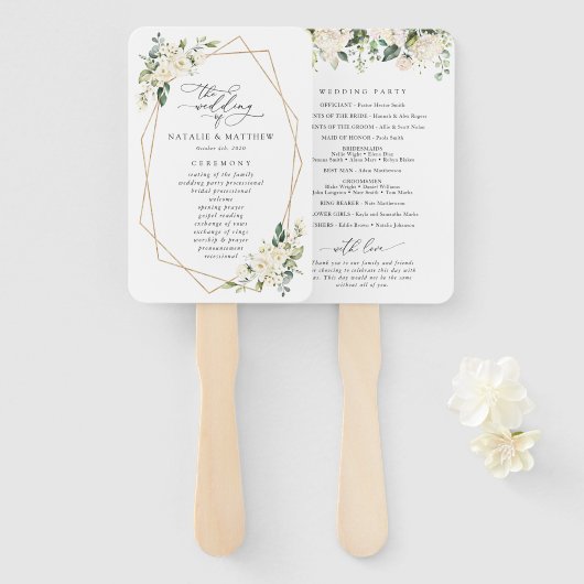 白い花，クリーム色の花，結婚式 プログラム ハンドファン (正面&裏面)