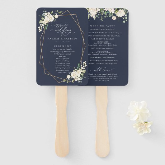 白い花，クリーム色の花，結婚式 プログラム ハンドファン (正面&裏面)