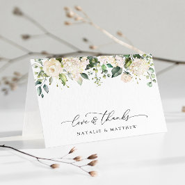 白い花、クリーム色の花、緑結婚色、 サンキューカード