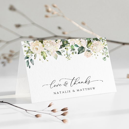 白い花、クリーム色の花、緑結婚色、 サンキューカード