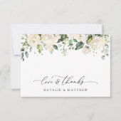 白い花、クリーム色の花、緑結婚色、 サンキューカード (正面)