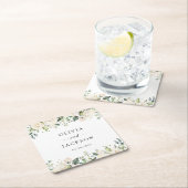 白い花、クリーム色の花、緑結婚色、 スクエアペーパーコースター (インサイチュ)