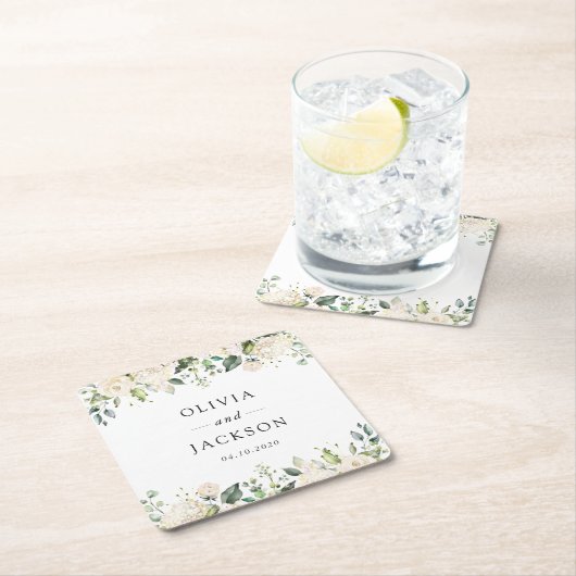 白い花、クリーム色の花、緑結婚色、 スクエアペーパーコースター (インサイチュ)