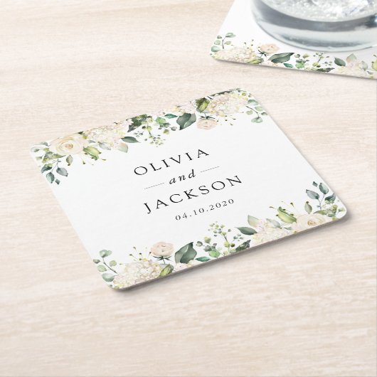 白い花、クリーム色の花、緑結婚色、 スクエアペーパーコースター (アングル)