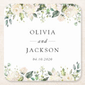 白い花、クリーム色の花、緑結婚色、 スクエアペーパーコースター (正面)