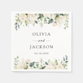 白い花、クリーム色の花、緑結婚色、 スタンダードカクテルナプキン (正面)