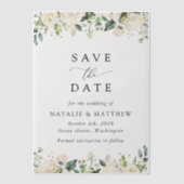 白い花、クリーム色の花、緑結婚色、 ベラム紙招待状 (正面)