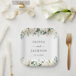 白い花、クリーム色の花、緑結婚色、 ペーパープレート