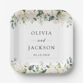 白い花、クリーム色の花、緑結婚色、 ペーパープレート (正面)