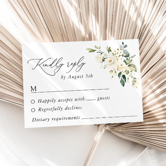 白い花、クリーム色の花、緑結婚色、 出欠カード