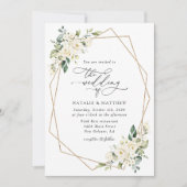 白い花、クリーム色の花、緑結婚色、 招待状 (正面)