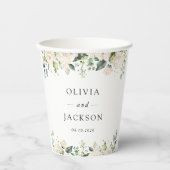 白い花、クリーム色の花、緑結婚色、 紙コップ (正面)