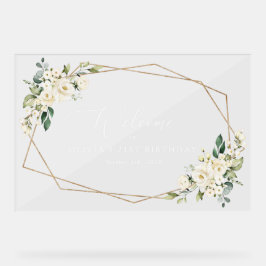 白い花、クリーム色の花、誕生日へようこそ アクリルサイン