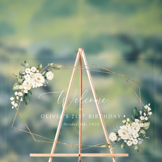白い花、クリーム色の花、誕生日へようこそ アクリルサイン (ニュートラル)