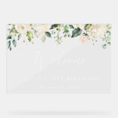 白い花、クリーム色の花、誕生日へようこそ アクリルサイン (正面)