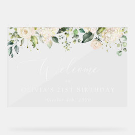 白い花、クリーム色の花、誕生日へようこそ アクリルサイン