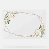 白い花、クリーム色の花、誕生日へようこそ アクリルサイン (正面)