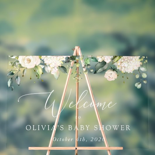 白い花、クリーム色の花、赤ちゃんシャワーへようこそ アクリルサイン (ニュートラル)