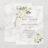 白い花 ゴールドグリッター 大理石 ベビーシャワー 招待状 (正面/裏面)