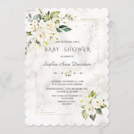 白い花 ゴールドグリッター 大理石 ベビーシャワー 招待状