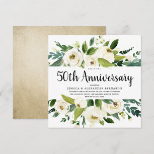 白い花 ゴールド 50周年 結婚記念日 招待状