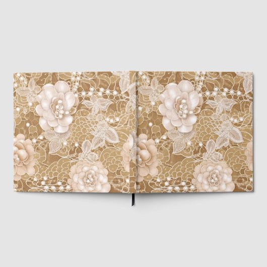 白い花、パール、レース ゲストブック (全面)